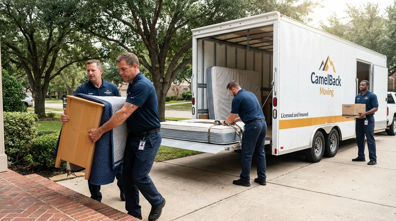 Crew loading residential truck for cross-state move from Summerland, CA