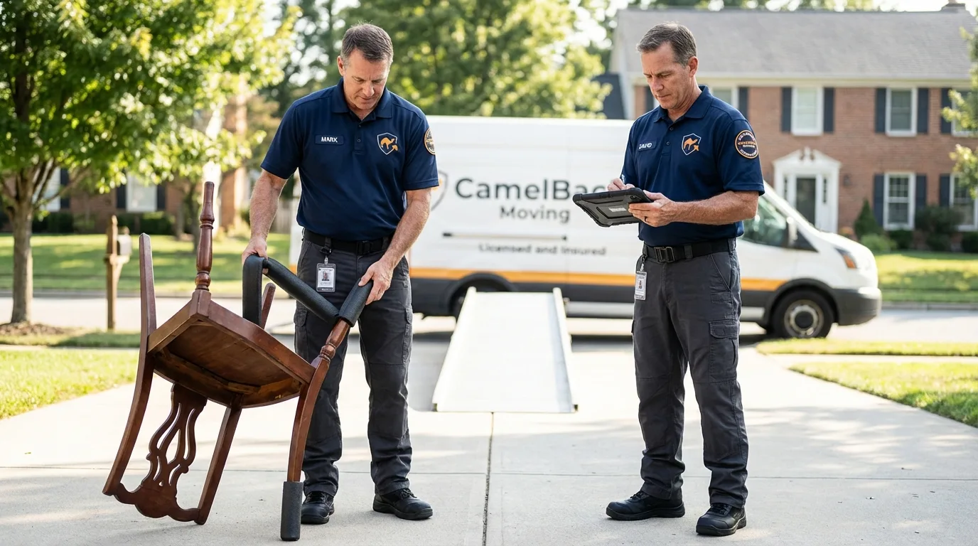 Movers inspecting furniture for damage prevention before loading in Summerland, CA