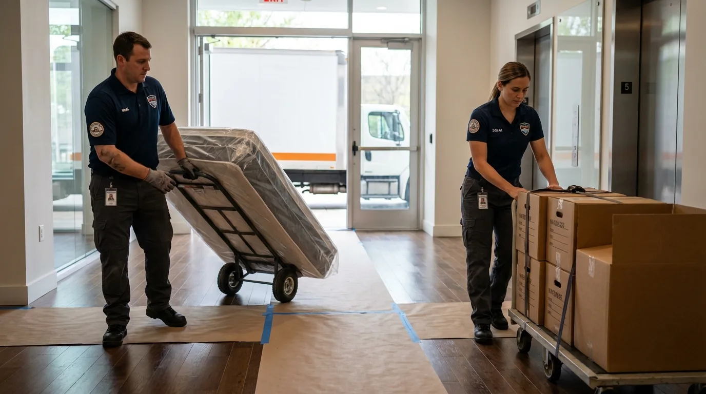 Professional apartment movers loading elevator in Summerland, CA