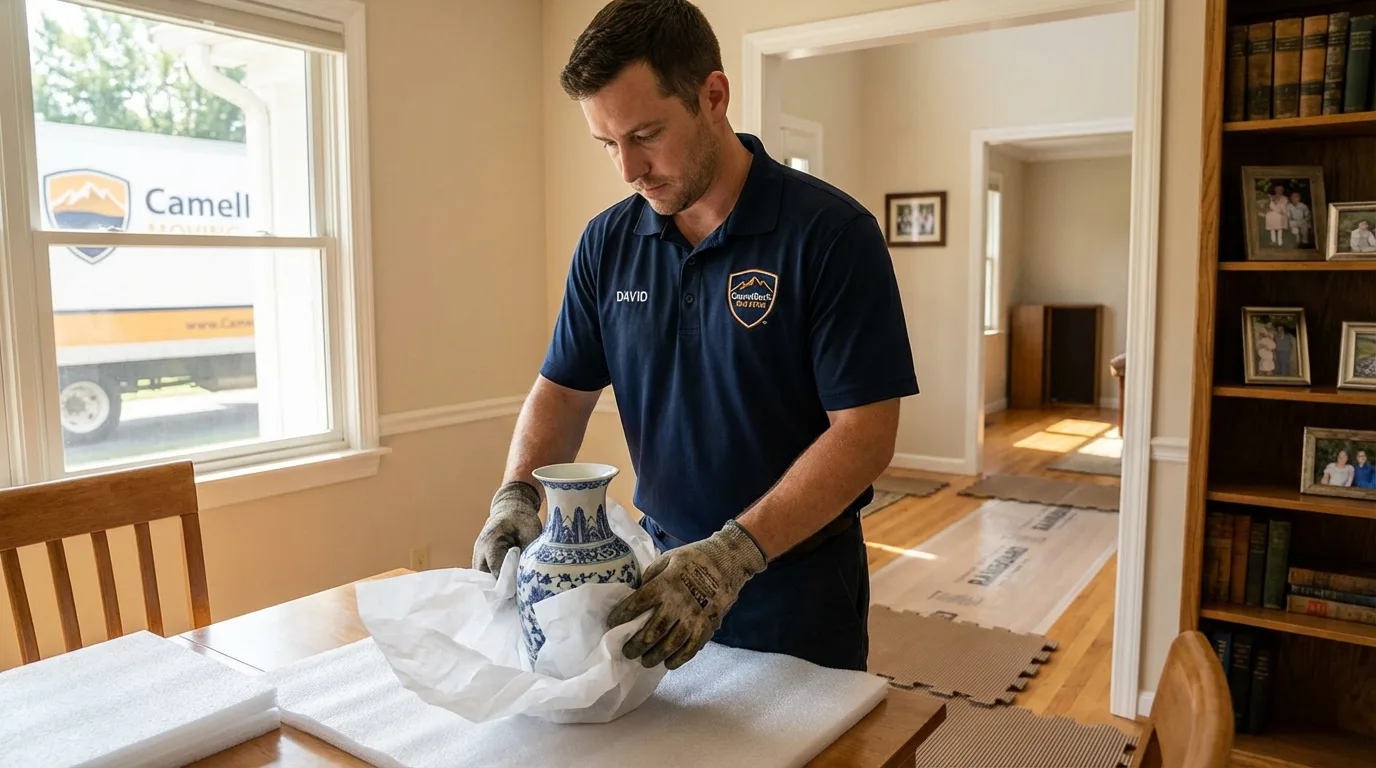 Professional crew carefully wrapping antique vase for senior downsizing move in Summerland, CA